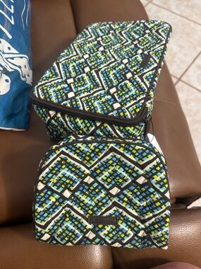 Vera Bradley Quilted Cosmetic Pouch Duo in Blue, Green & Black Mosaic